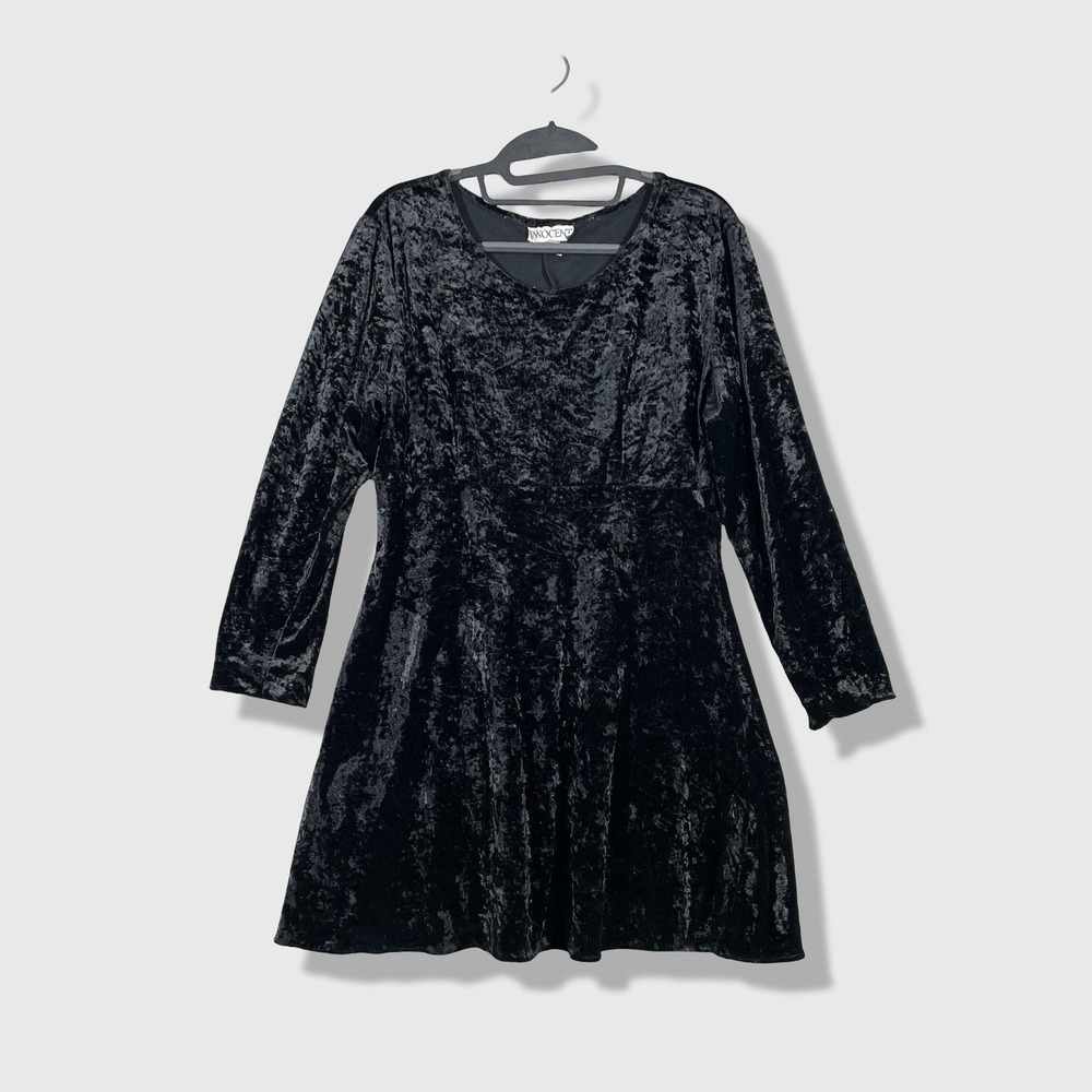 Innocent Dress Women XL Black Crushed Velvet Long Sleeve Goth Grunge Fit & Flare